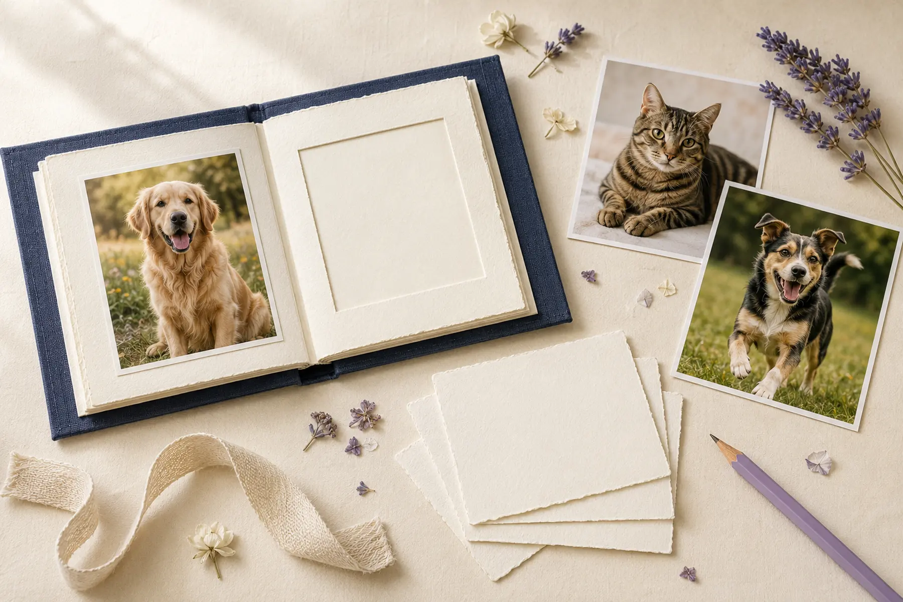Handmade pet memory cards and photo album with printed pet photographs
