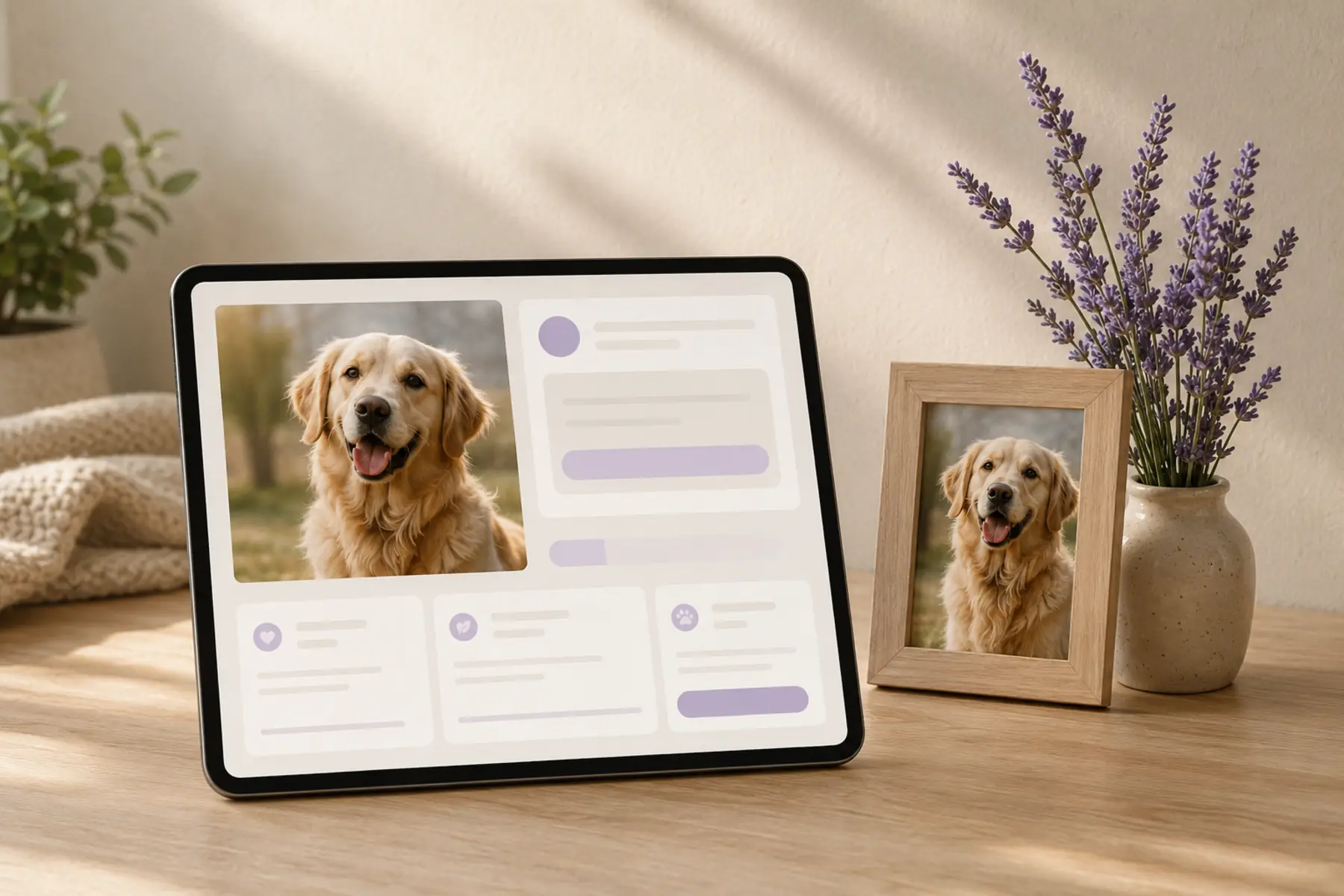 Online pet memorial displayed on a tablet beside a framed pet photograph