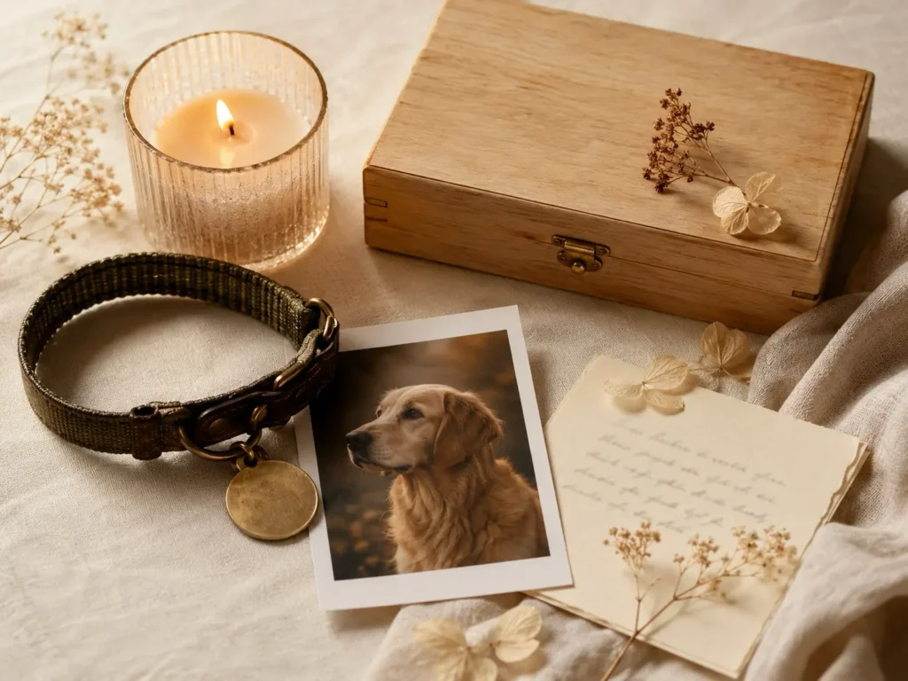 Dog memory box with collar and keepsakes after pet loss