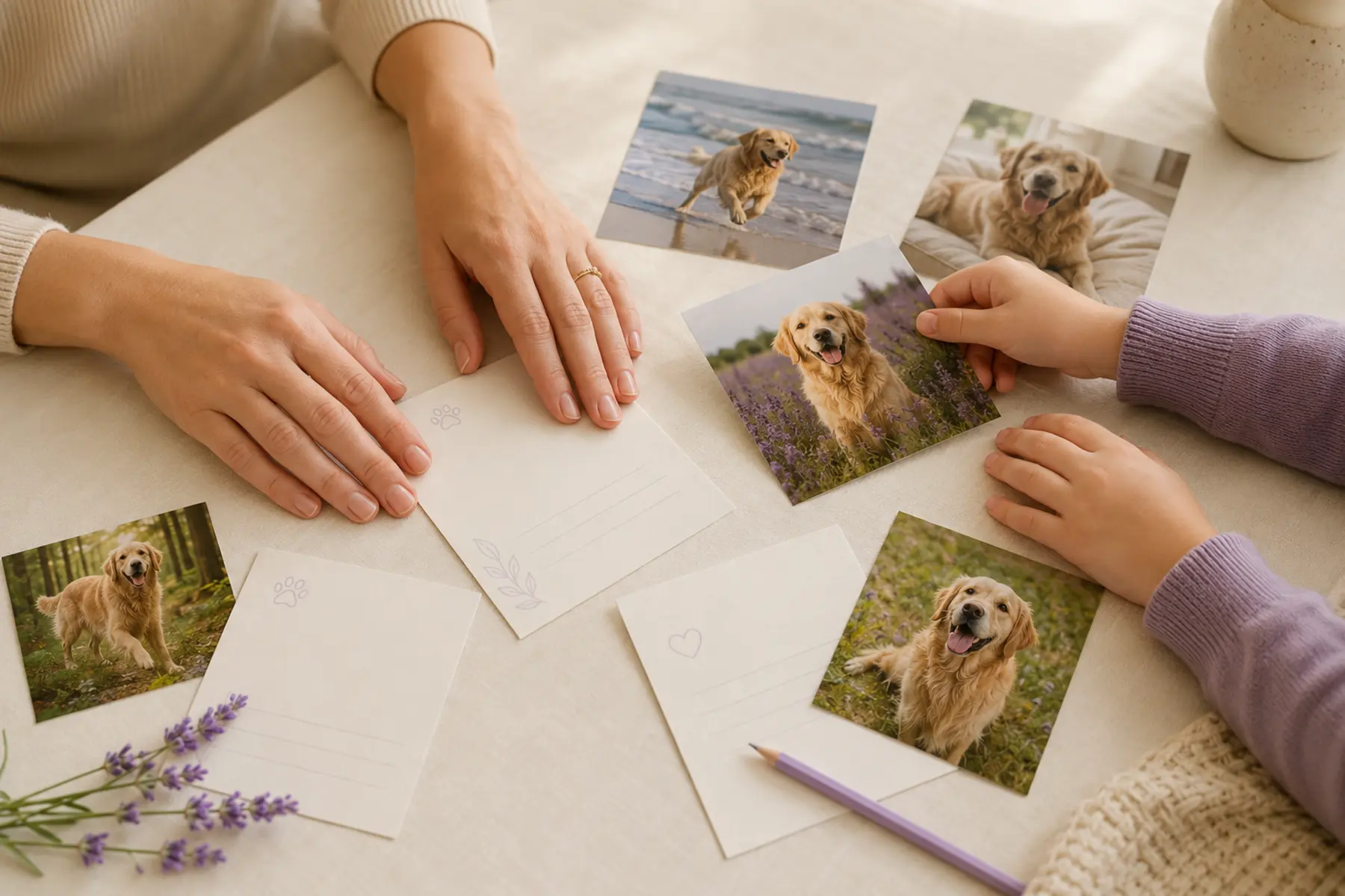 Adult and child arranging pet photographs and blank memory cards together