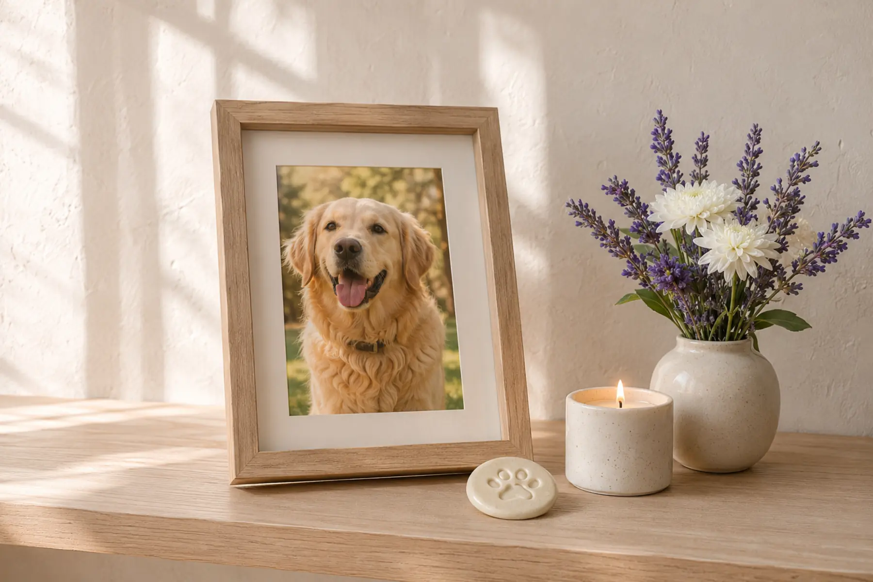 Home remembrance shelf with a framed pet photo, flowers, keepsake and candle