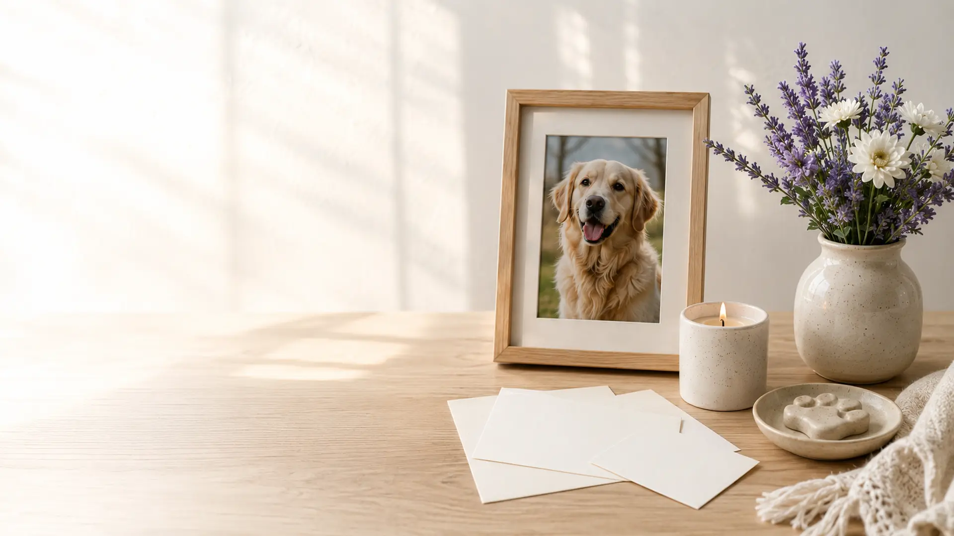 Pet memorial planning scene with a framed pet photo, keepsakes, memory cards and candle