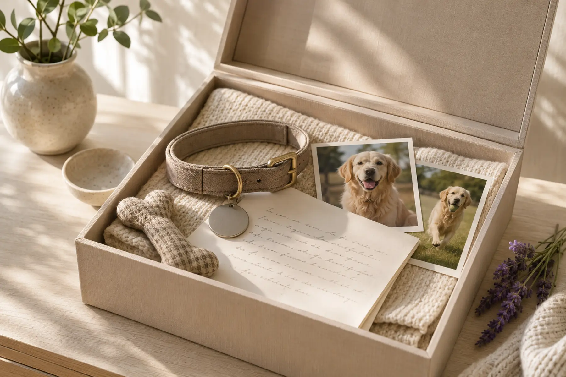 Pet memory box with a collar, tag, photographs and letter