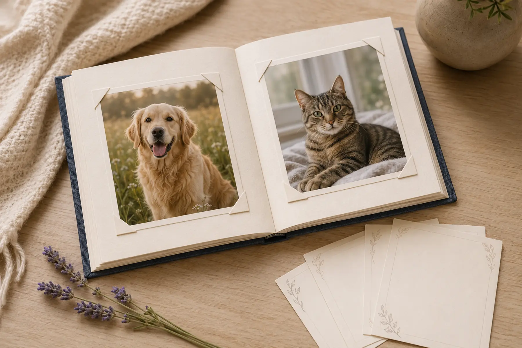 Open pet photo album with printed photographs and blank memory cards