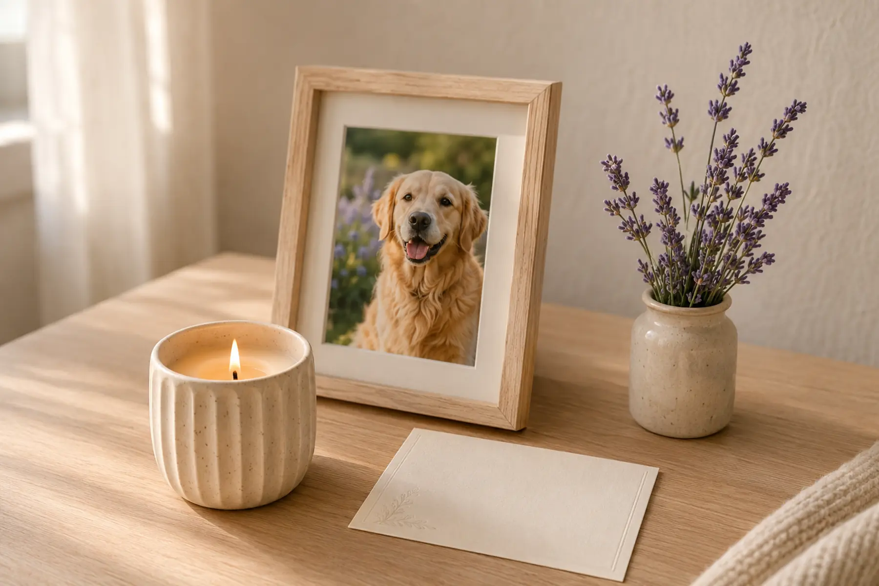 Candle beside a framed pet photograph and blank memory card