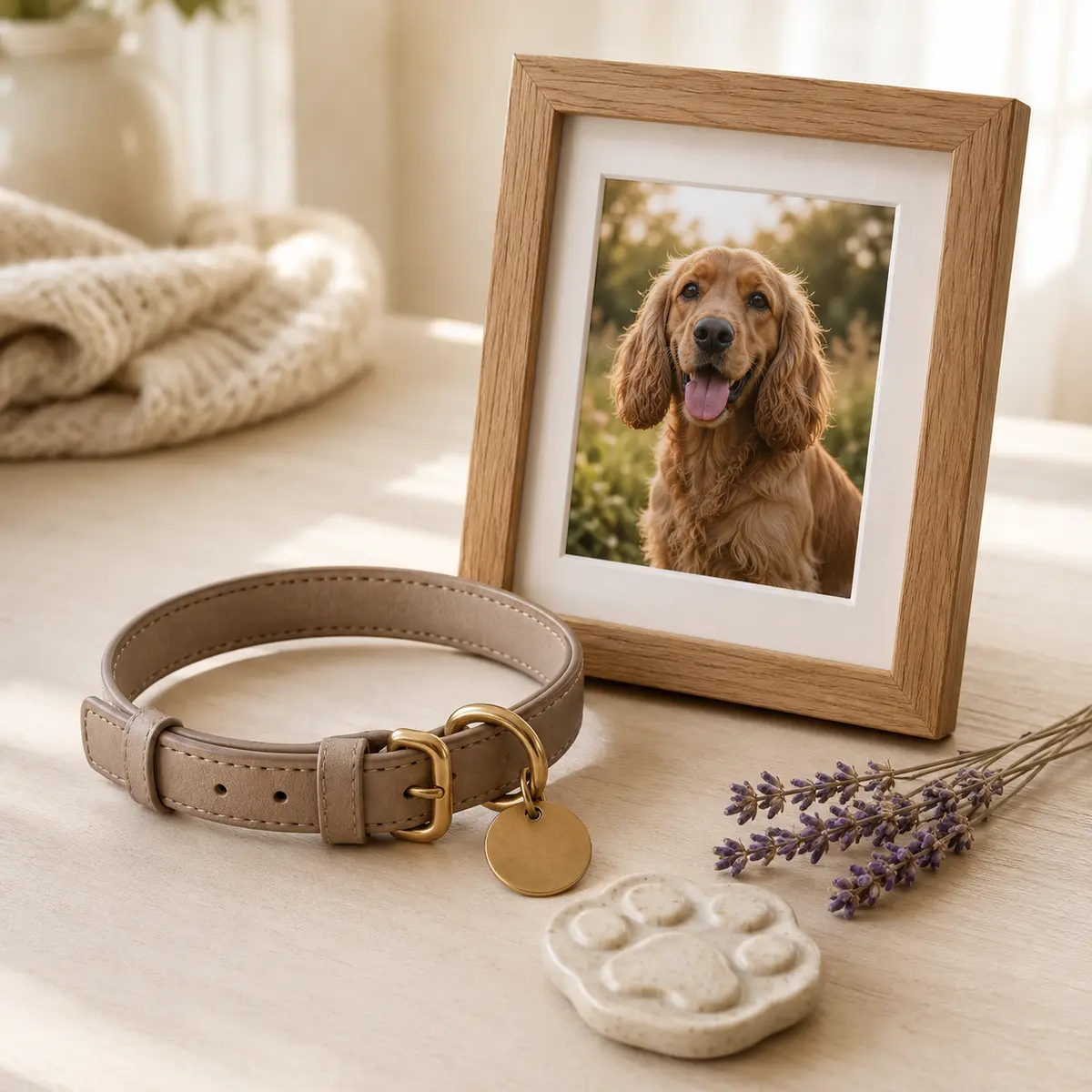 Pet collar beside a framed pet photo and small keepsake