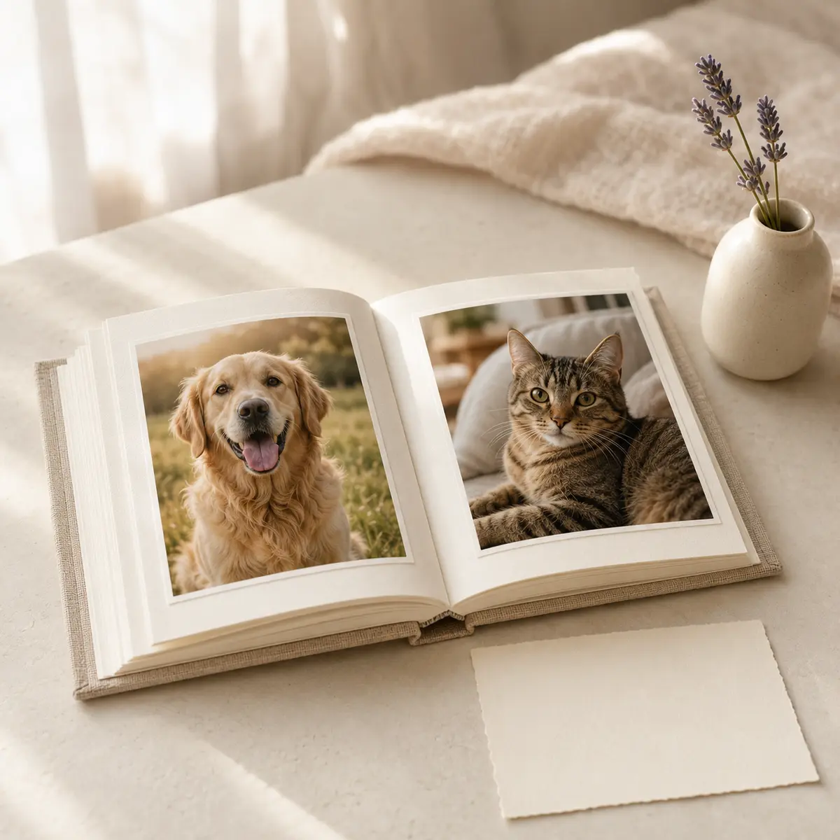 Open pet photo album and blank memory cards for preserving pet stories