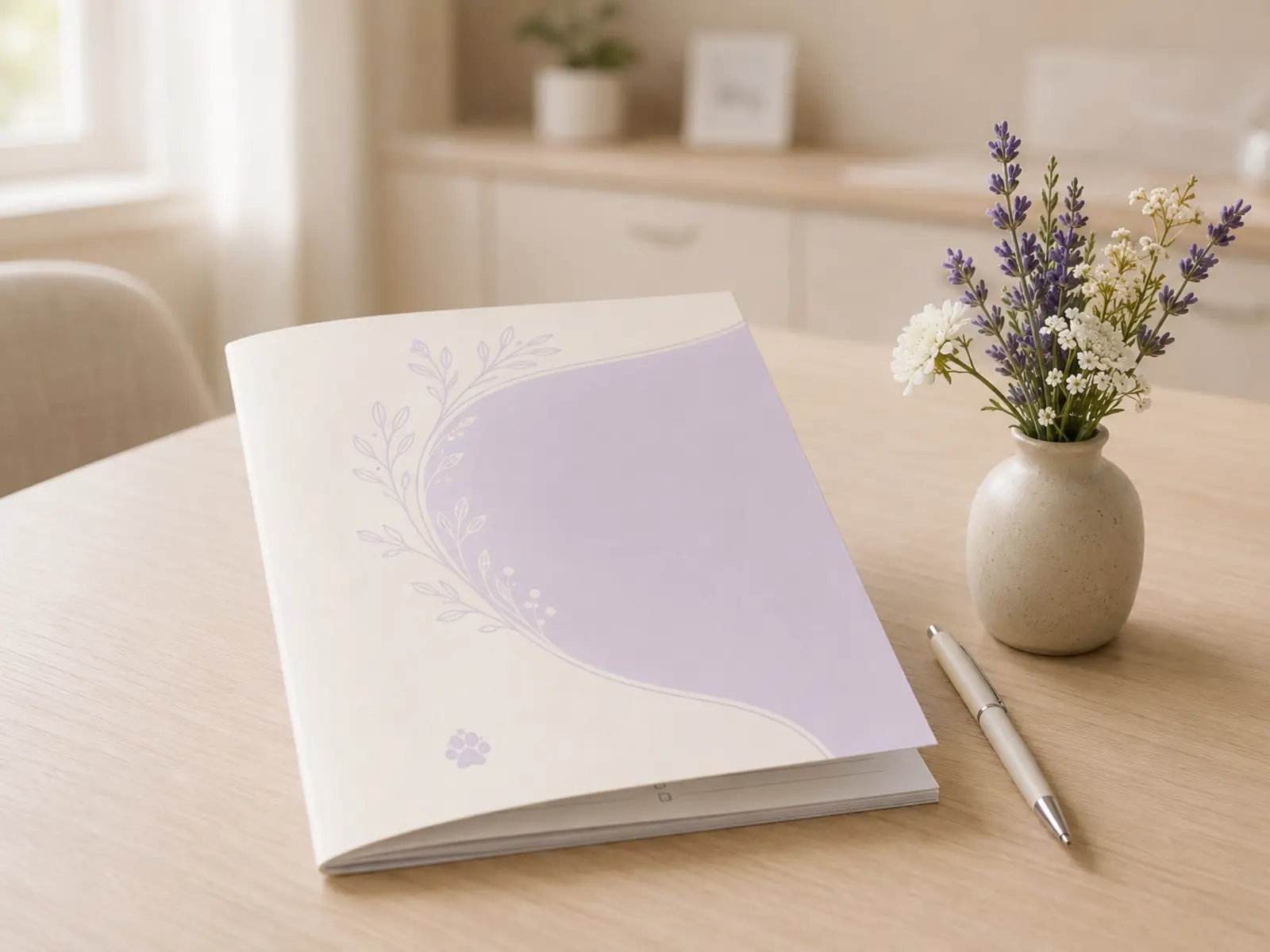 Printable pet memorial resource on a veterinary clinic consultation table